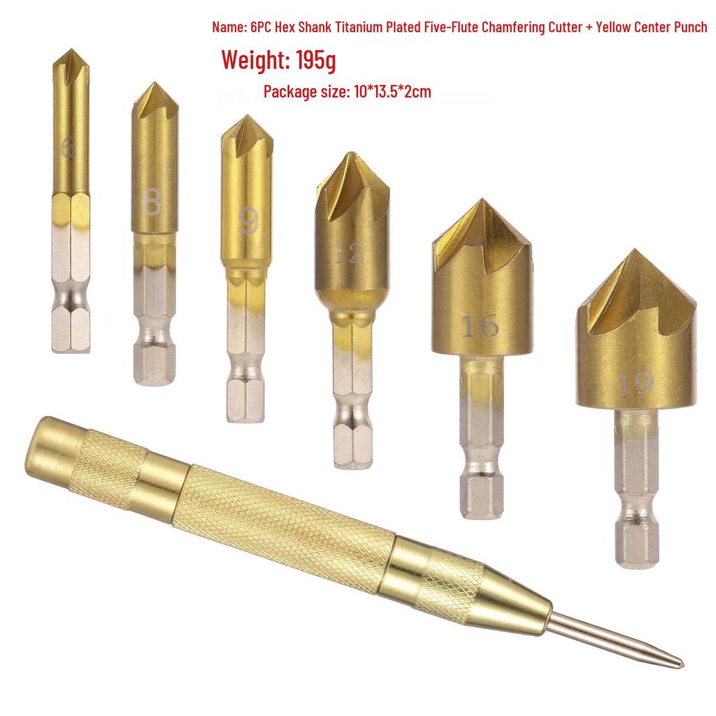 Hex Shank Titanium-Plated Five-Flute Wood Countersink Drill & Chamfering Tool