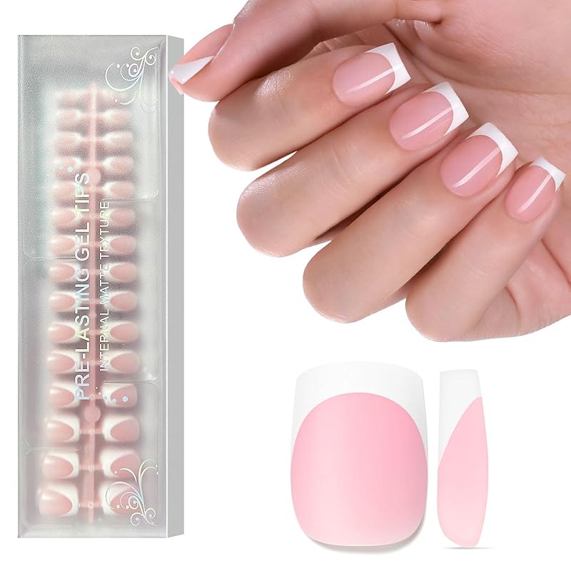 Milky Whit French Tip Press on Nails, 240Pcs French Press On Nail Short Square,Pre-Applied Primer & Top Coat,4 in 1 Gel Nail Tips Soak off Acrylic