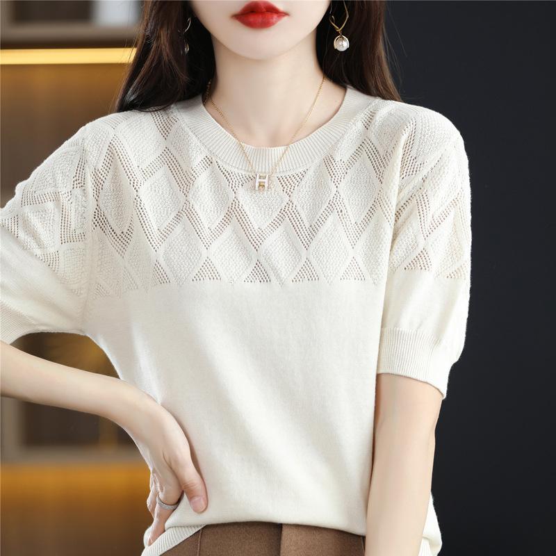 Summer's New Round Neck Simple and Hollow Short-sleeved Loose Casual Knitted Half Sleeve