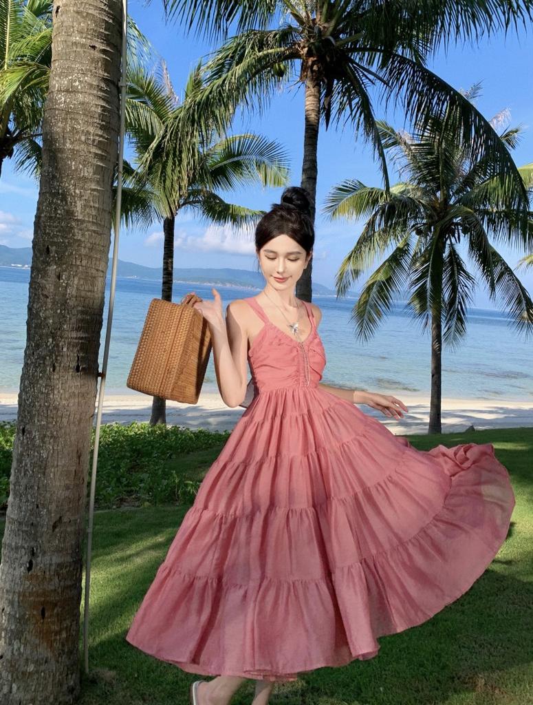 Summer island style dress beautiful temperament pink neck backless photo skirt niche waist and thin skirt