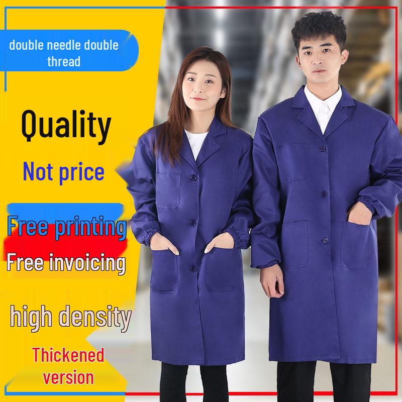 Thickened Blue Wear-Resistant Long Sleeve Lab Coat with Custom Print Logo for Labor Protection in Food Handling