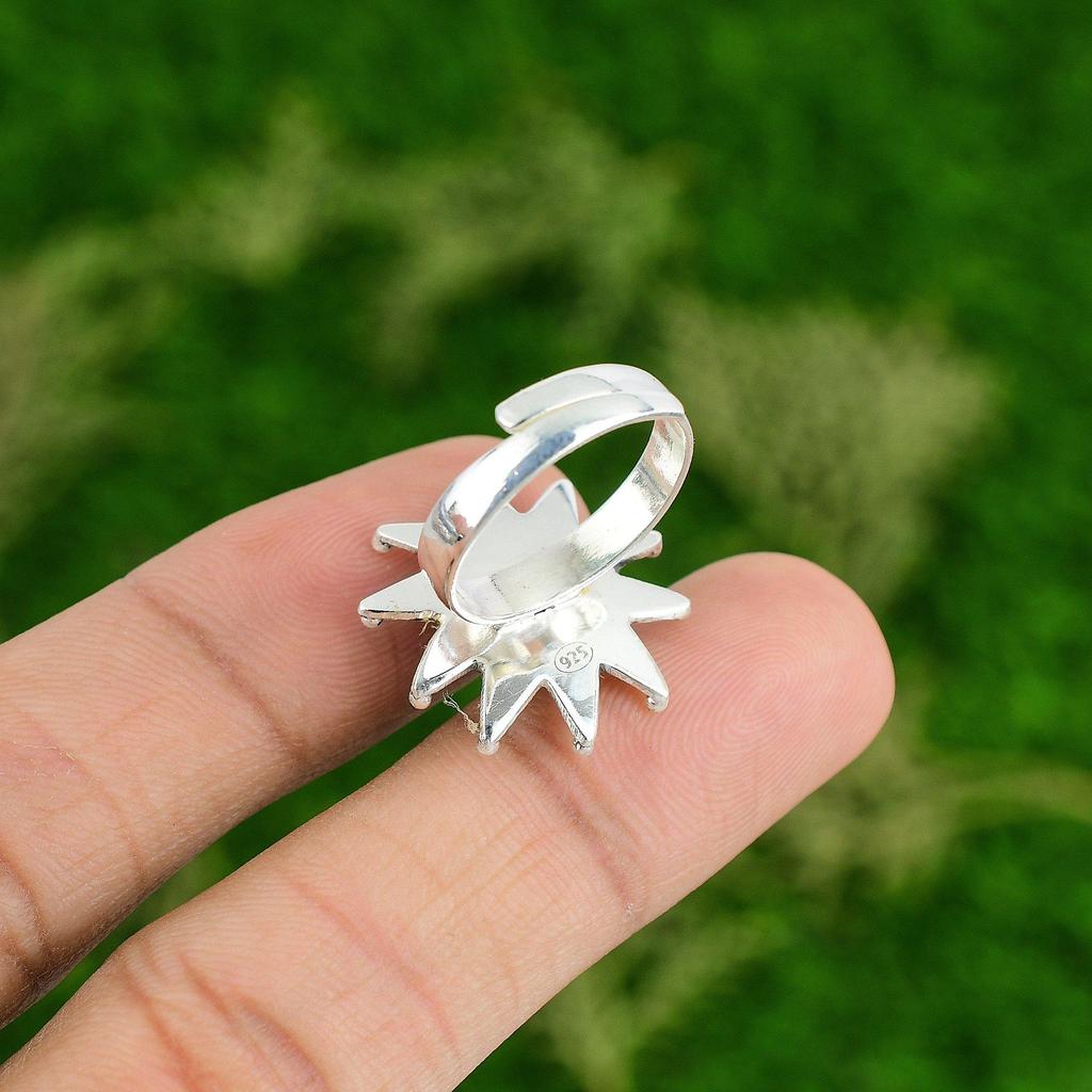 Sterling Silver Round Natural Larimar Bezel Statement Flower Mother Promise Ring