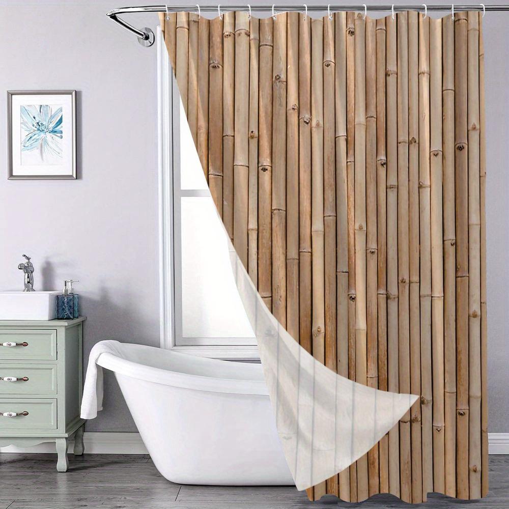 Natural Bamboo Fence Shower Curtain Smooth Texture Rustic Aesthetic Earthy Organic Bathroom Decor With 12 Hooks