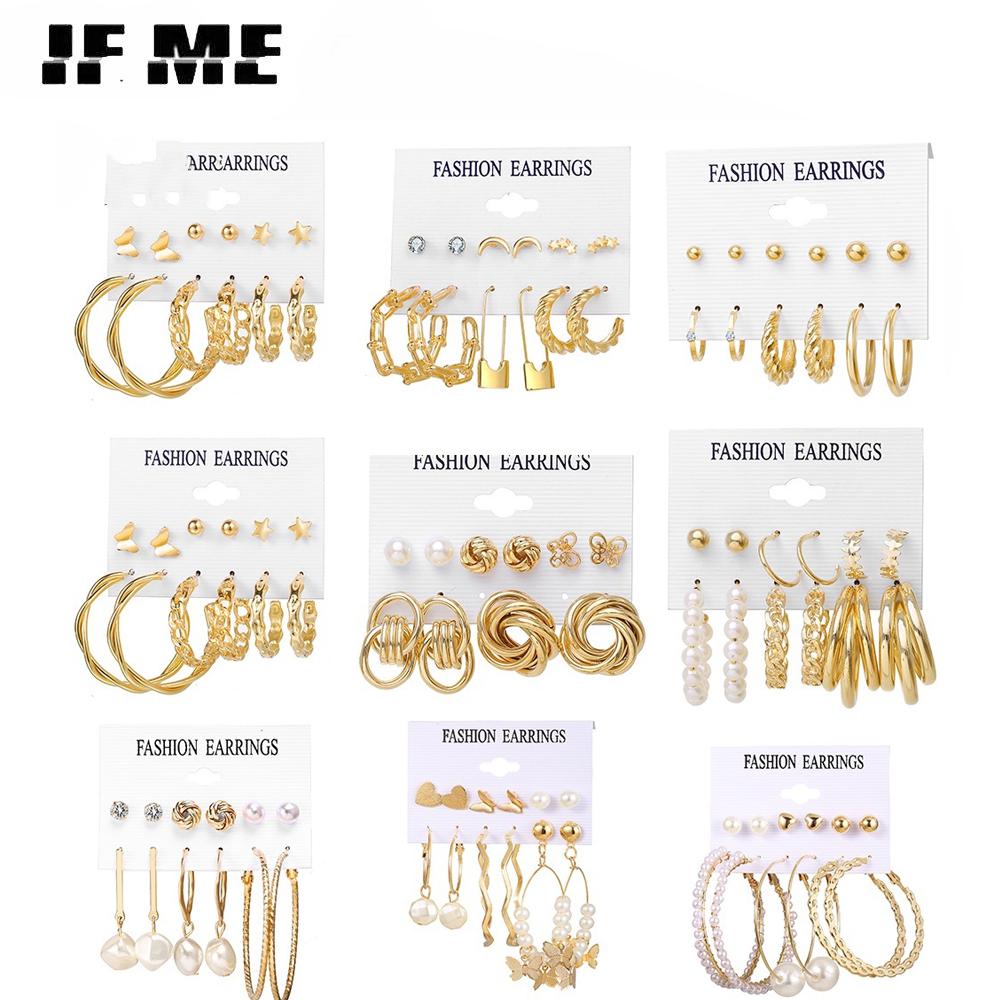 IF ME Fashion Butterfly Gold Earring Set Retro Pearl Pendant Stud Earrings Women Jewelry Accessories