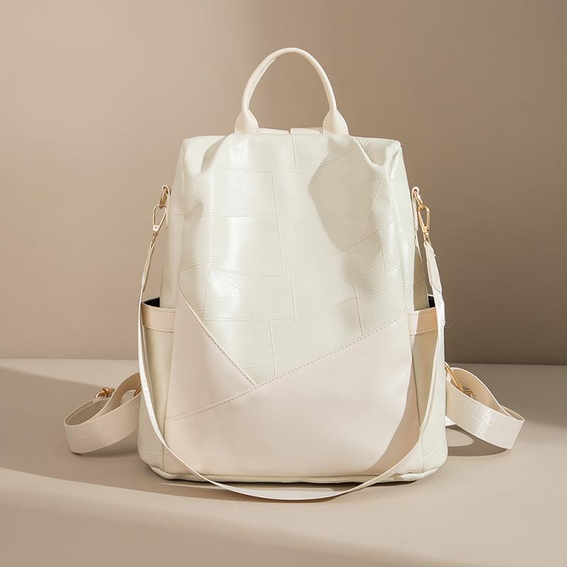 

Мягкий кожаный рюкзак с защитой от кражи, большая вместимость, многофункциональная сумка через плечо, женская сумка для поездок в стиле пэчворк бежевый