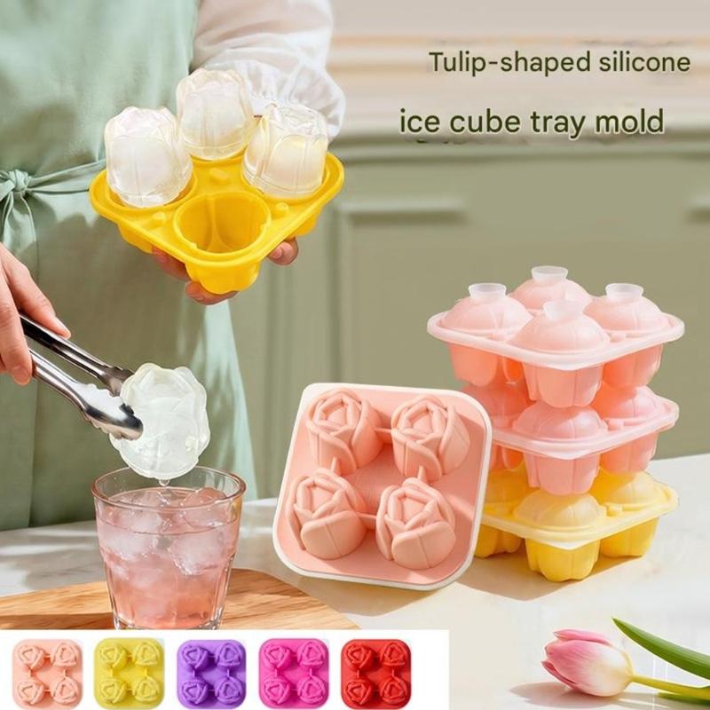 Food Grade Silicone Ice Mold with Tulips Design 4 Cavity Ice Cubes Tray Multipurpose Chocolate Dessert Crafting Mould
