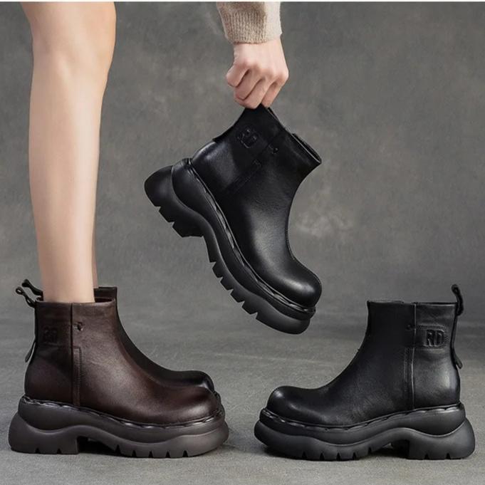 Johnature Genuine Leather Thick Soled Ankle Boots Retro Round Toe Thick Heeled Women's Short Boots