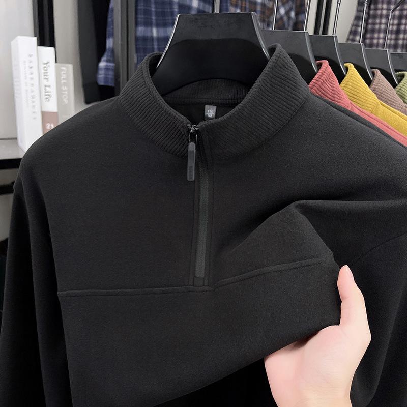Men's Double-Sided German Fleece Half-Zip Hoodie - Stand Collar, Warm Base Layer for Autumn/Winter, Simple Casual Fashion.