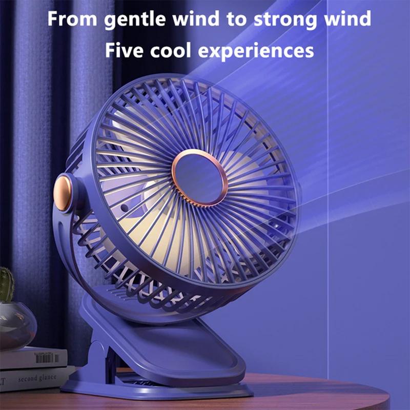 Small Fan 5-Speed Adjustable & 3-Mode Night Light USB Rechargeable Mini Fan for Outdoor 360° Rotatable Clip/Stand/Hang Design