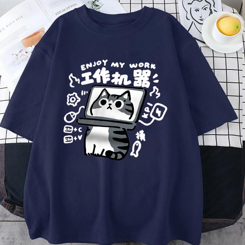 Fun Tool Cat Print Japanese Style T-Shirts Men Women Breathable Clothing Summer Cotton Tshirt Hip Hop Loose Oversized T-Shirt
