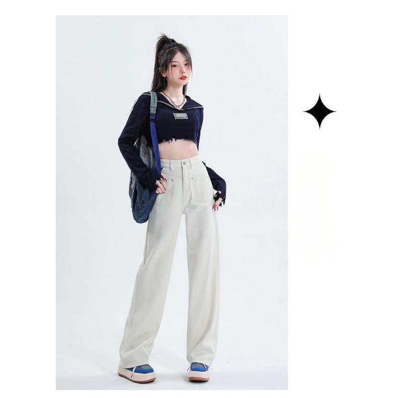 Women High Waisted Beige Straight Leg Jeans Spring Autumn Korean Style Wide Leg Pants Slim Fit V Line Stitching