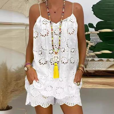 2023 Ärmelloses Rüschen-Camisole & Bestickte Baumwollshorts Set