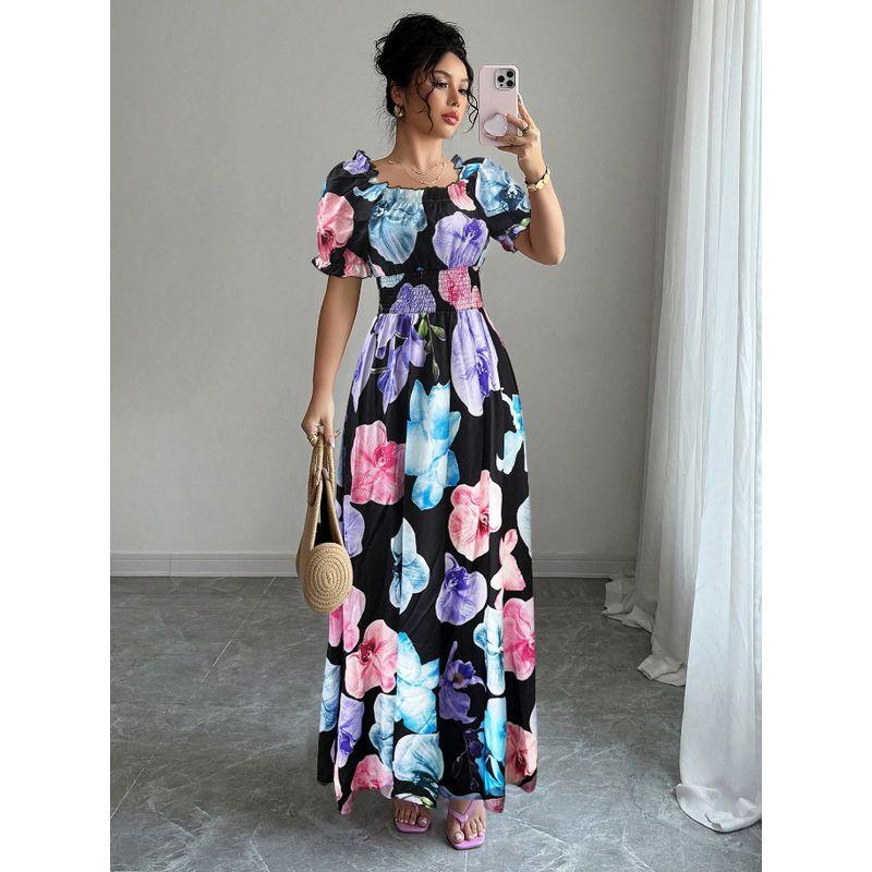 Summer Fashion New Arrival Puff Sleeves High Waist Tight Waist Women's Printed Wear Large Swing Sling Dress