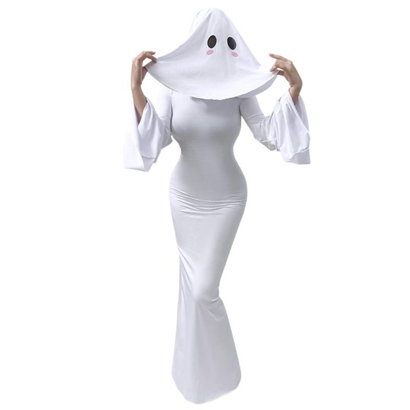 Specter Costume Women Adult Specter Costume White Backless Dress with Mask for Halloween Party Cosplay