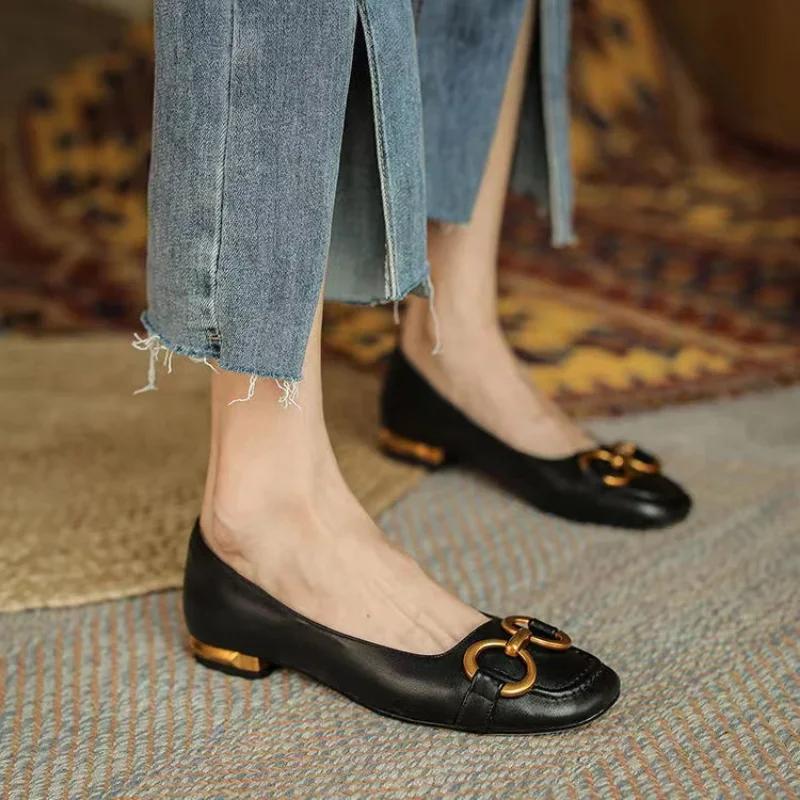 Fashion French Square Head Horsebit Leather Women Shoes Shallow Mouth Slip-On Low-heels Office Career Shoe Zapatos Mujer