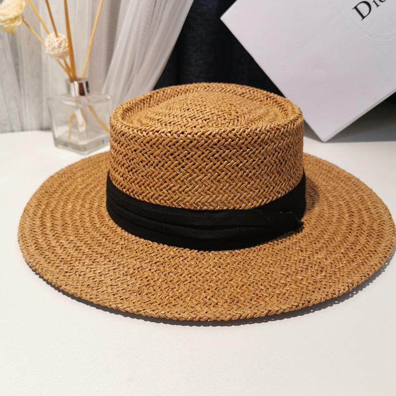 French Flat Top Hat Women's Summer Straw Hat Holiday Lafite Woven Beach Hat Internet celebrity Sunscreen Shade British Top Hat