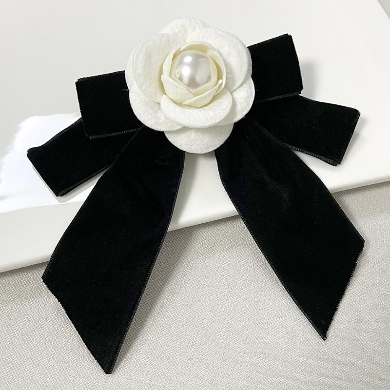 French Style Camellia Pearl Velvet Bow Brooch Elegant Neck Tie Mourning Corsage Pin Formal Wear Shirt Collar Accessories