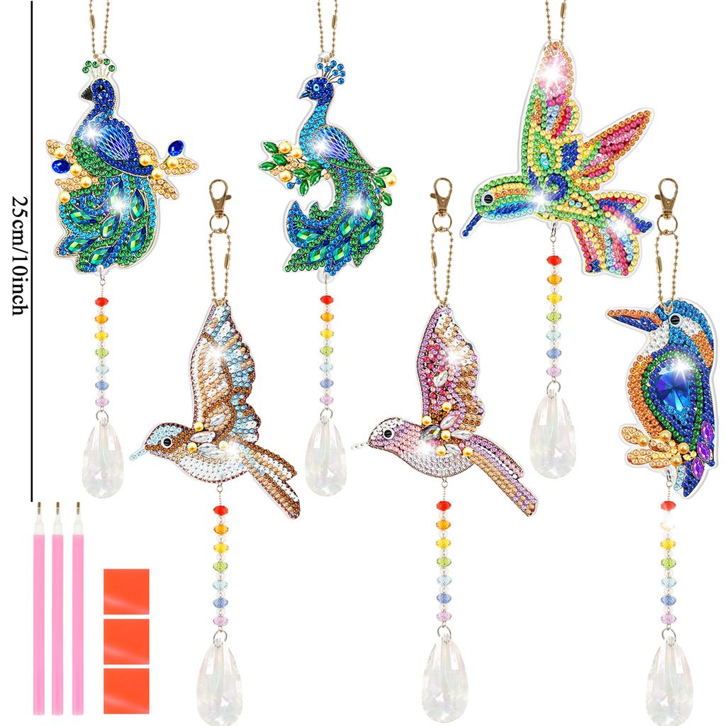 4Pcs Diamond Painting Wind Chime Keychain Hummingbird Dragonfly Butterfly Rhinestone Suncatcher Art Pendant Garden Hanging Decor