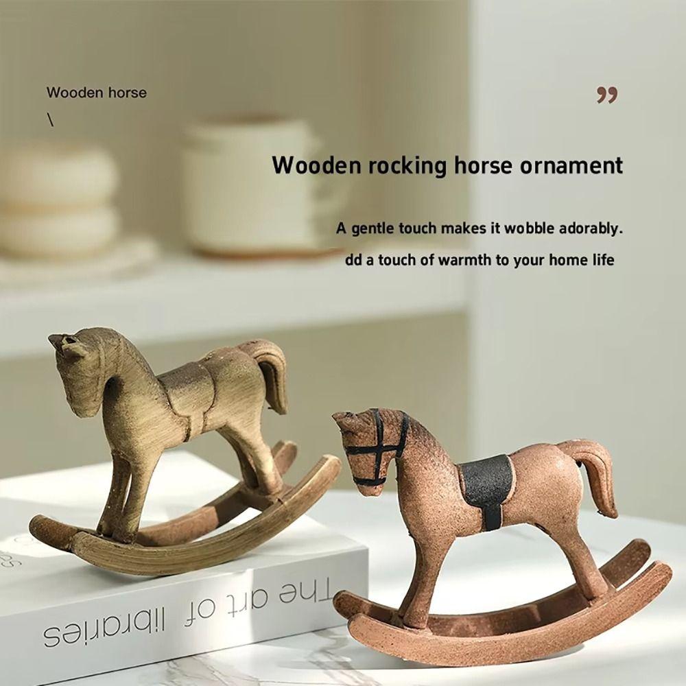 Wooden Craft Wooden Rocking Horse Wooden Horse Animal Figurines Desk Decor  Desktop Bar