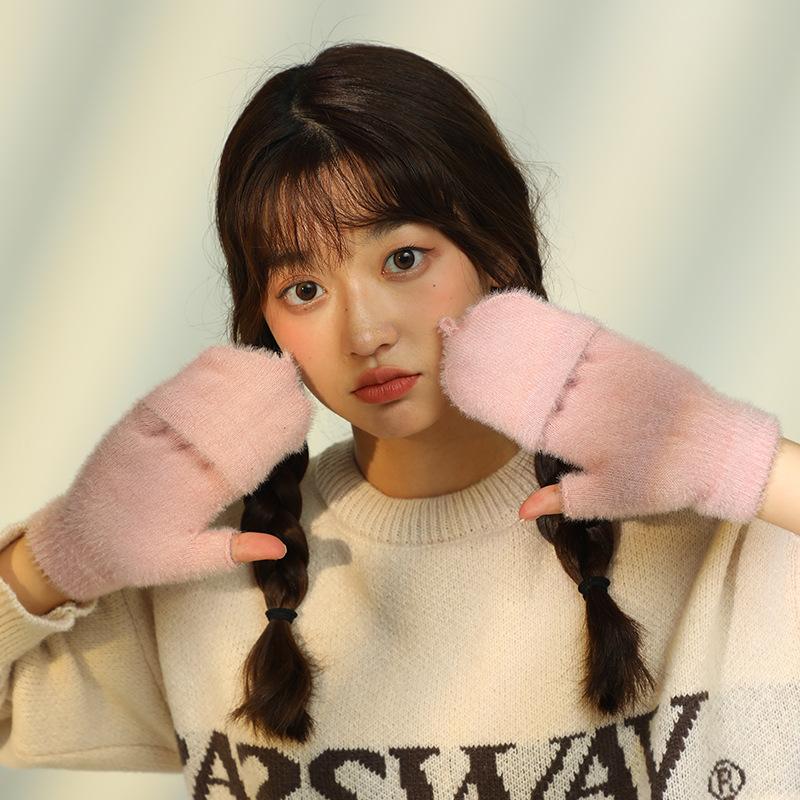 Koreanische Mode Einfarbige Halbfinger-Klapphandschuhe Warm für Damen im Winter Kältefest Verdickt Doppelzweck Wolle Gestrickt