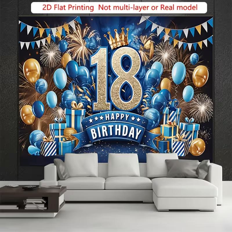 2D Ploché Tištěný Banner k 18. Narozeninám, Námořnicky Modrý & Zlatý Téma Photo Backdrop pro Kluky