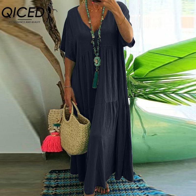 QICED Moda damă vară primăvară culoare uni imprimeu mâneci scurte cu decolteu în V talie înaltă rochii casual