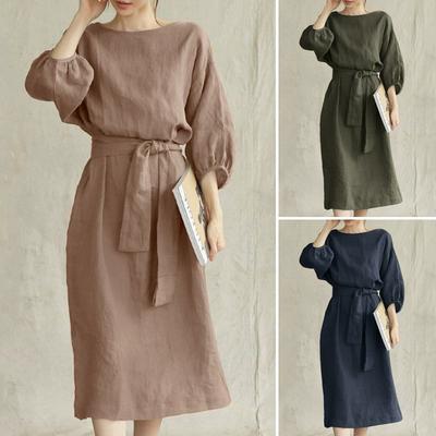 Temperament Mid-length High-waist Lace-up Solid Color Round Neck Dress Ladies Party Dress