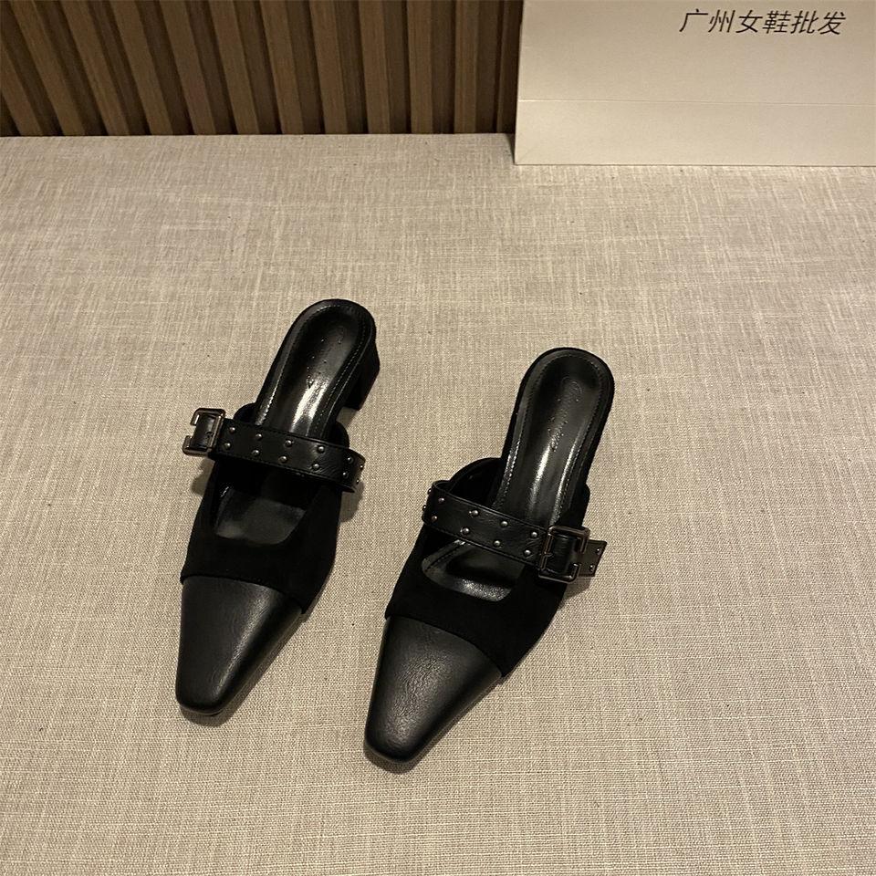 2025 Spring and Summer New Fashion Internet Celebrity Catwalk Retro Black Rivet Square Head High Heel Sandals Women's Half Drag Outside