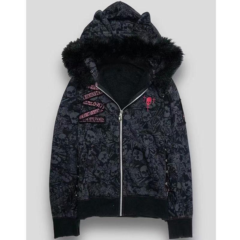 Goth Y2k Hoodies Jackets Women Vintage Harajuku Coat Aesthetic Fur Patchwork Hooded Jacket Zipper Coat