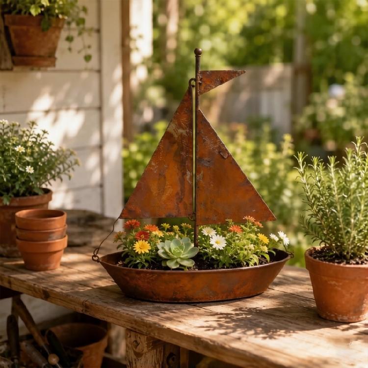 Versatile Metal Sailboats Flower Pot Artistic Sailboats Shape Alloys Planter for Home Office Or Garden Decoration
