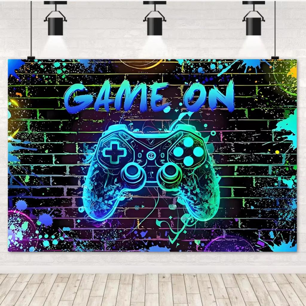 Game On Theme Video Gamer Kids Birthday Party Neon Green Gaming Next Level Up Background Baby Shower Decoration Supplies Props