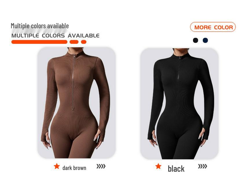 European-Style One-Piece Sport Jumpsuit for Women with Zipper, Stand Collar, Long Sleeves, Thumb Holes, Hip Lifting, and Tummy Control