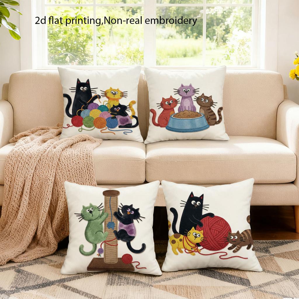 Double-Sided Printed Pillow Covers, Playful Cartoon Kittens With Yarn Scratching Post Print Cushion Cases Home Decor Living Room