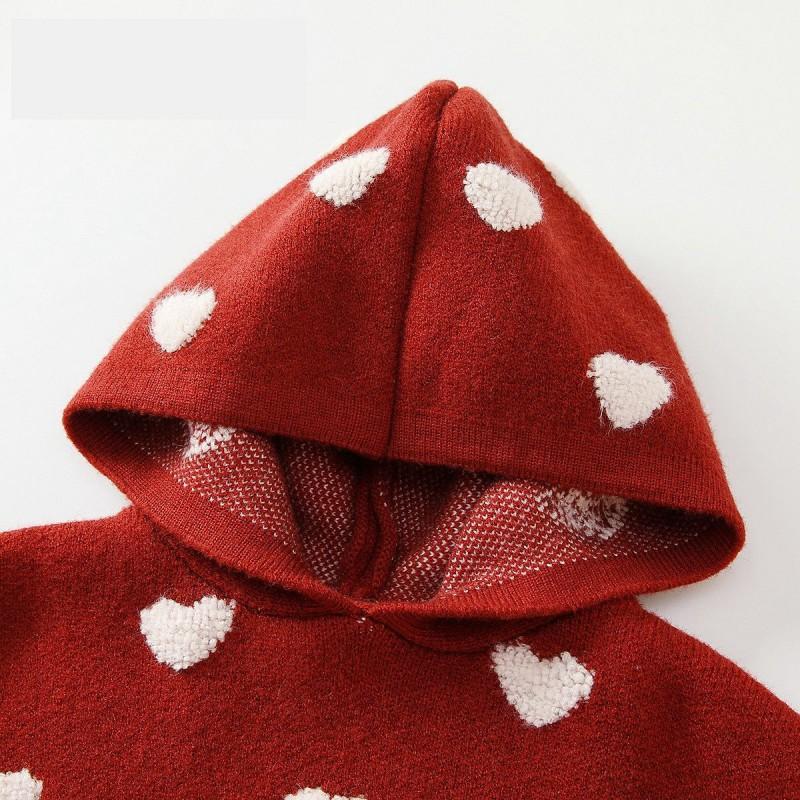 Girls Winter Knit Cape Hooded Cardigan Toddlers 1-3 Years Soft Acrylic Poncho With Heart Design