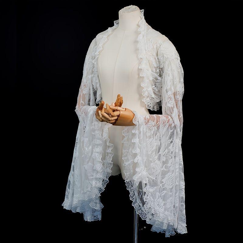 Gothic Floral Lace Shrug Long Flared Bell Sleeve Open Front Cropped Bolero Cardigan For Lolita Wedding Cosplay Photoshoot