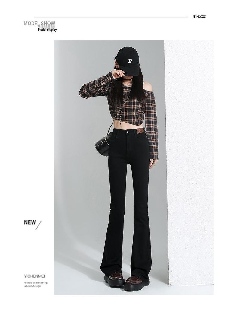 Women's High-Waisted Slim-Fit Fleece-Lined Micro-Flare Jeans for Autumn and Winter