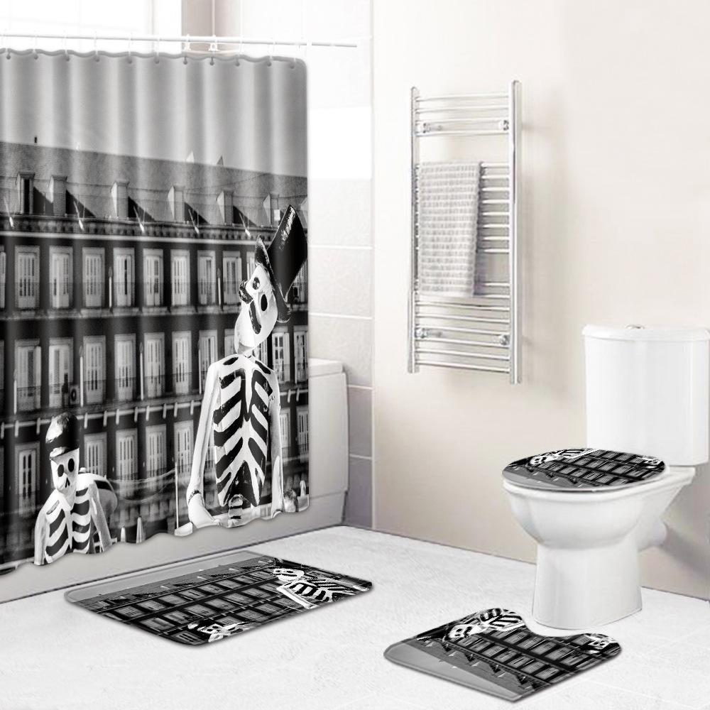 Skull Shower Curtain Floor Mat Combination Four-Piece Set Bathroom Toilet Carpet Shower Room Mat Foot Mat