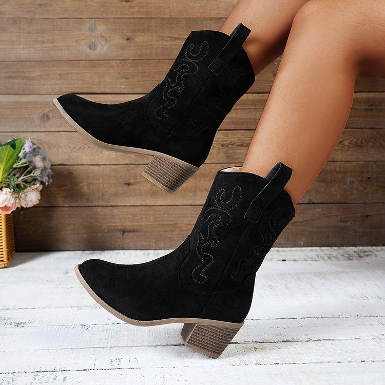 Women Mid-calf Boots V-mouth Design Fashion Boots Retro Embroidered Western Cowboy Boot Women Thick Heel Casual Boot Botas Mujer