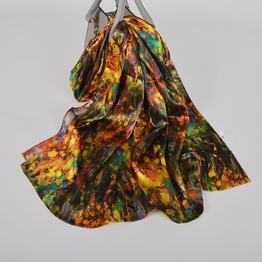 [BYSIFA] Fall New Silk Scarf Hijab Printed Elegant Green Plum Blossom Satin Long Scarves Shawls Winter Women Accessories Wraps
