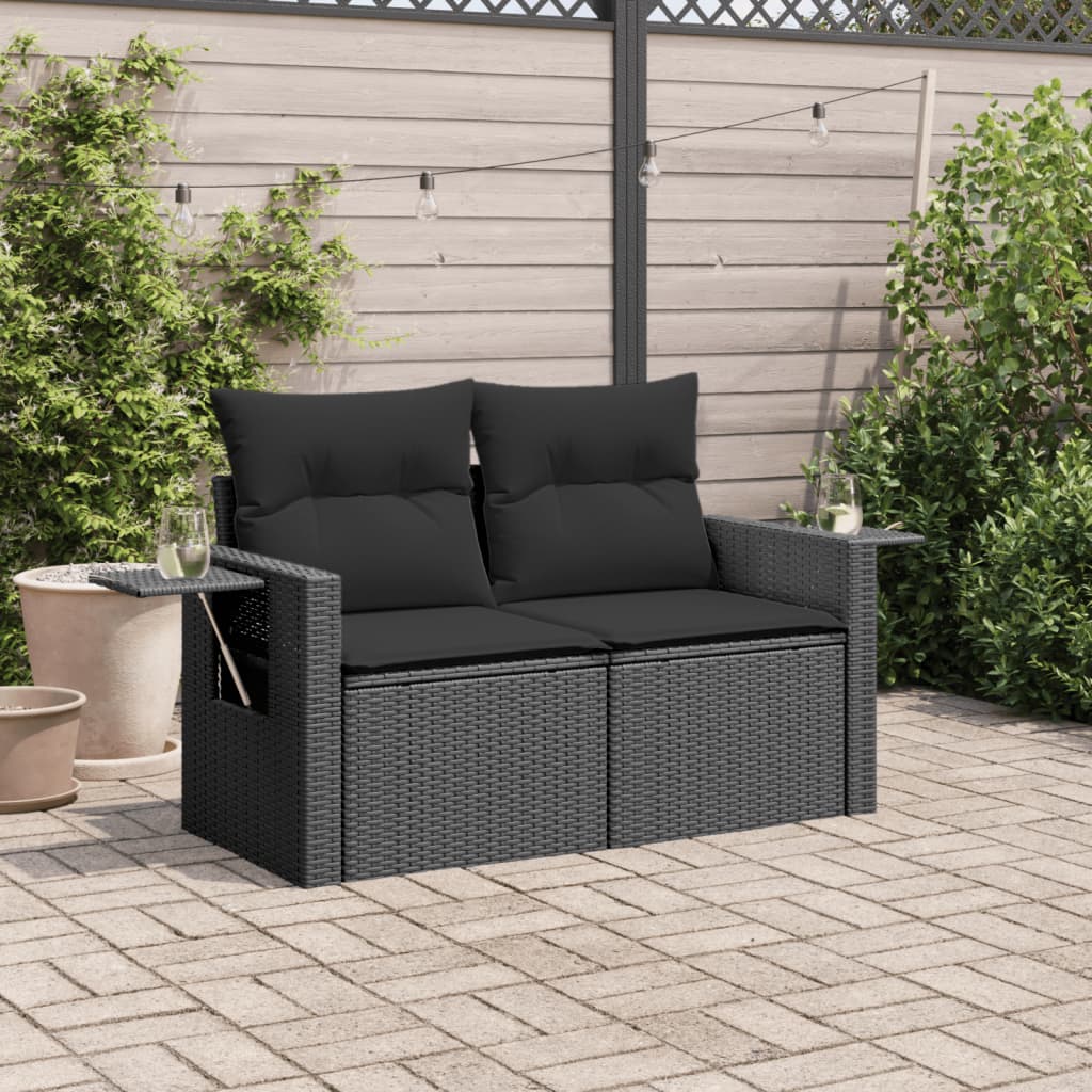 2 Seater Garden Sofa with Cushions Black Poly Rattan