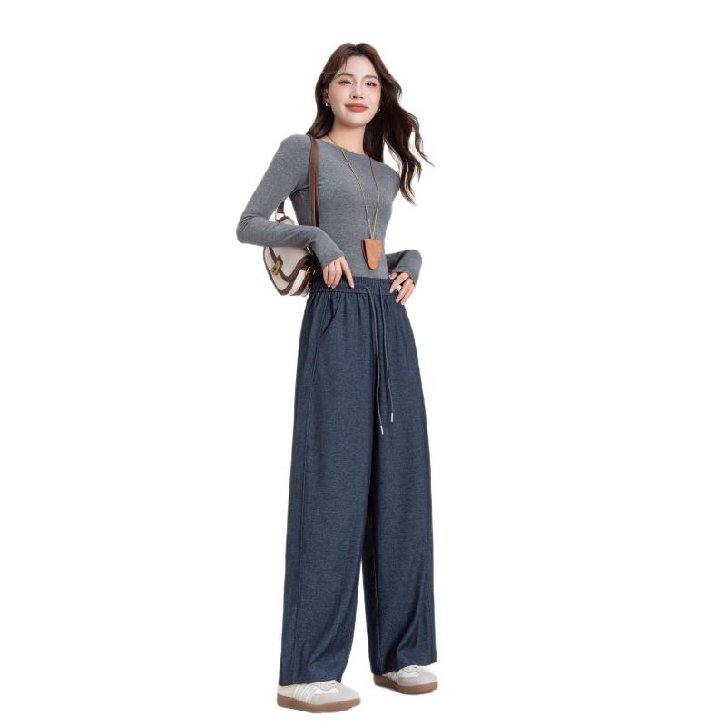 Denim Blue Sycamore Wide-leg Pants, Thickened Loose and Thin Splicing Casual Radish Tooling Pants In Autumn and Winter