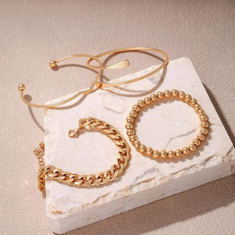 4pcs Punk Curb Cuban Chain Bracelets Set for Women Simple Thick Gold Color Charm Bracelets Fashion Jewelry Accessories New