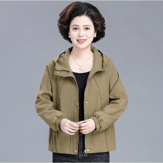 Осенний повседневный тренч для мамы, новый стиль для женщин среднего и пожилого возраста, свободный, элегантный, однотонный, стройнящий, с капюшоном XL хаки