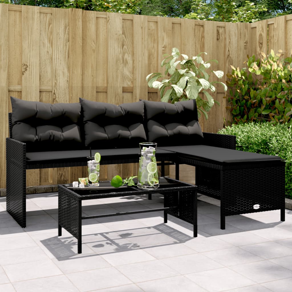 L Shaped Garden Sofa Set with Table and Cushions Black Poly Rattan
