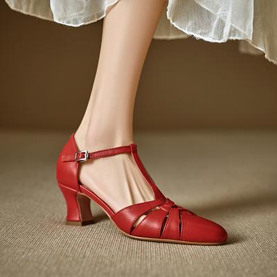 Mode 2025 Neue Sommer Echtleder Damen Schuhe Eckige Zehenpartie Flache Damen Pumps Mary Jane Schuhe für Damen Klobiger Absatz Freizeitschuhe