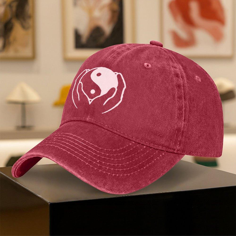 Vintage Washed Baseball Cap with Tai Chi Print for Unisex and Women
