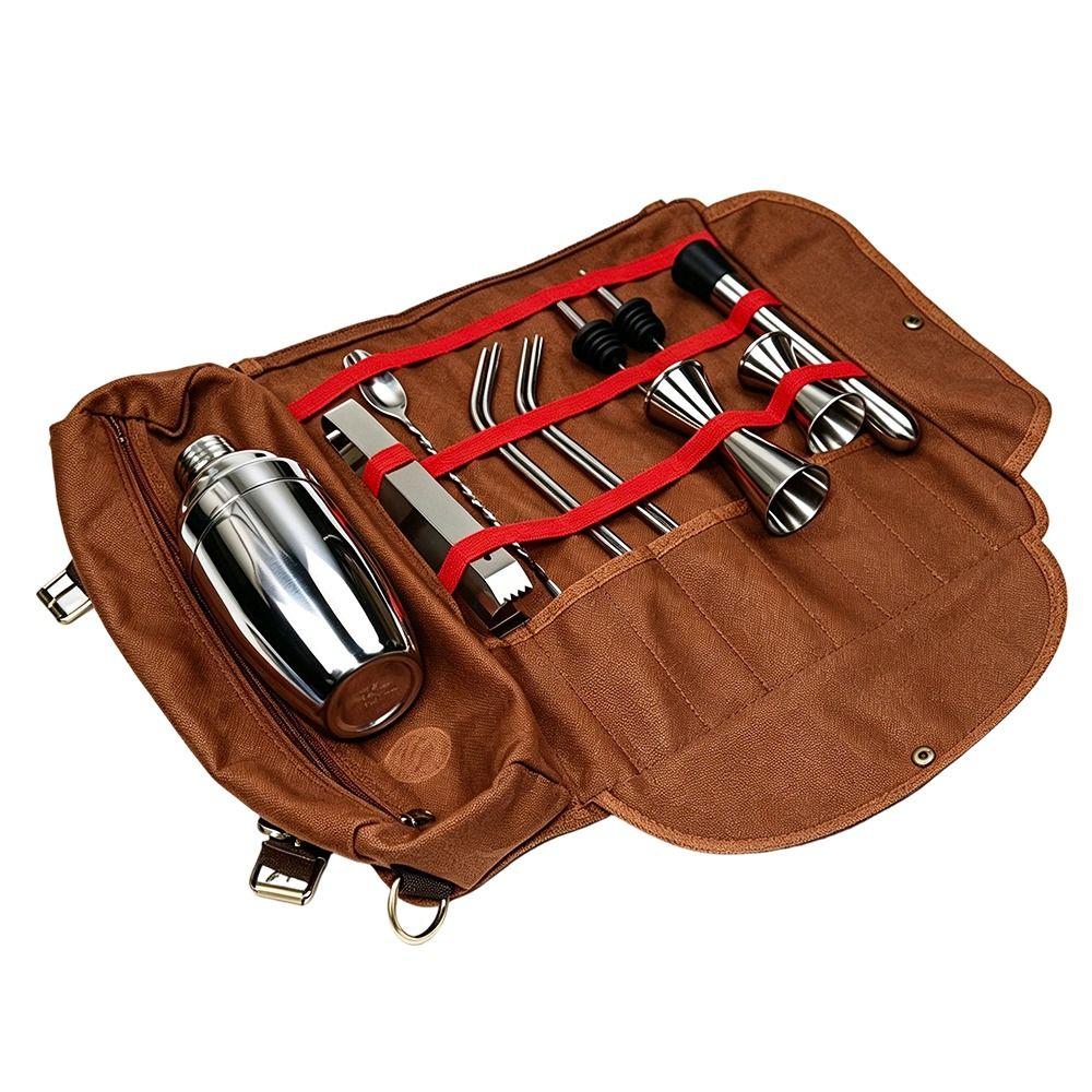Canvas Leather Bartender Tool Bag Multiple Storage Compartments Roll-Up Design Travel Bartender Kit Bag Adjustable Strap