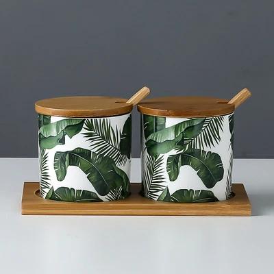 Kitchen seasoning tools ceramic seasoning jar set marble pattern cruet bamboo tray kitchen supplies seasoning box salt shaker