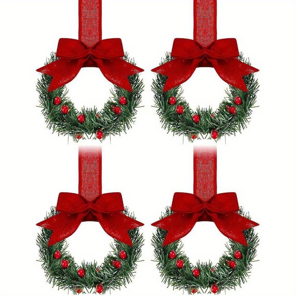 

4-piece Christmas Mini Wreath Cabinet Window Hanging Decorations with Red Bow and Fruit, Suitable for Party Home Decoration