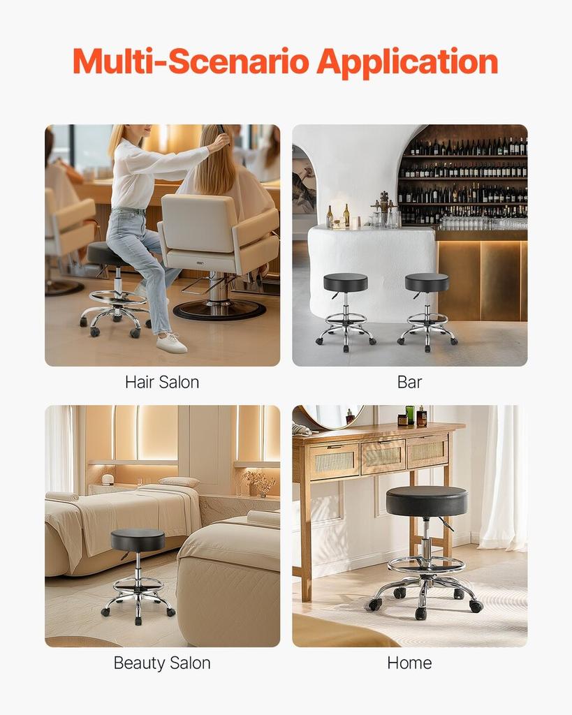 Round Rolling Stool Swivel Stool with Wheels & Footrest Height Adjustable